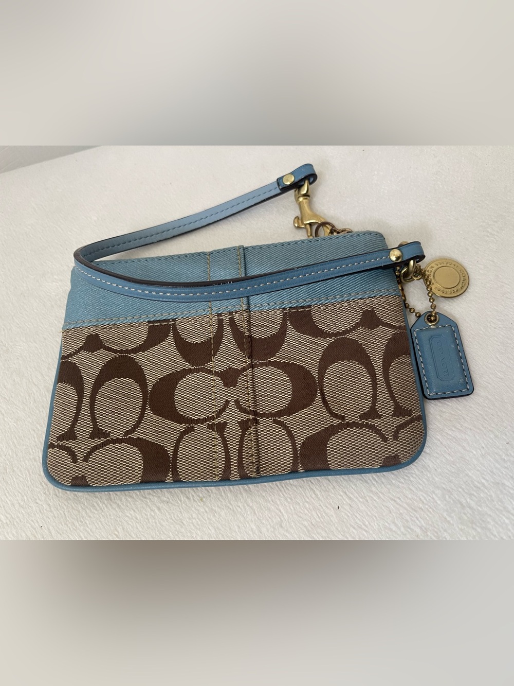 Coach Brown Signature Canvas Wristlet with Blue Trim